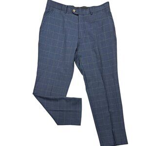 INDOCHINO‎ Newbury 44 Navy Windowpane Wool Flat Front Bespoke Dress Trousers